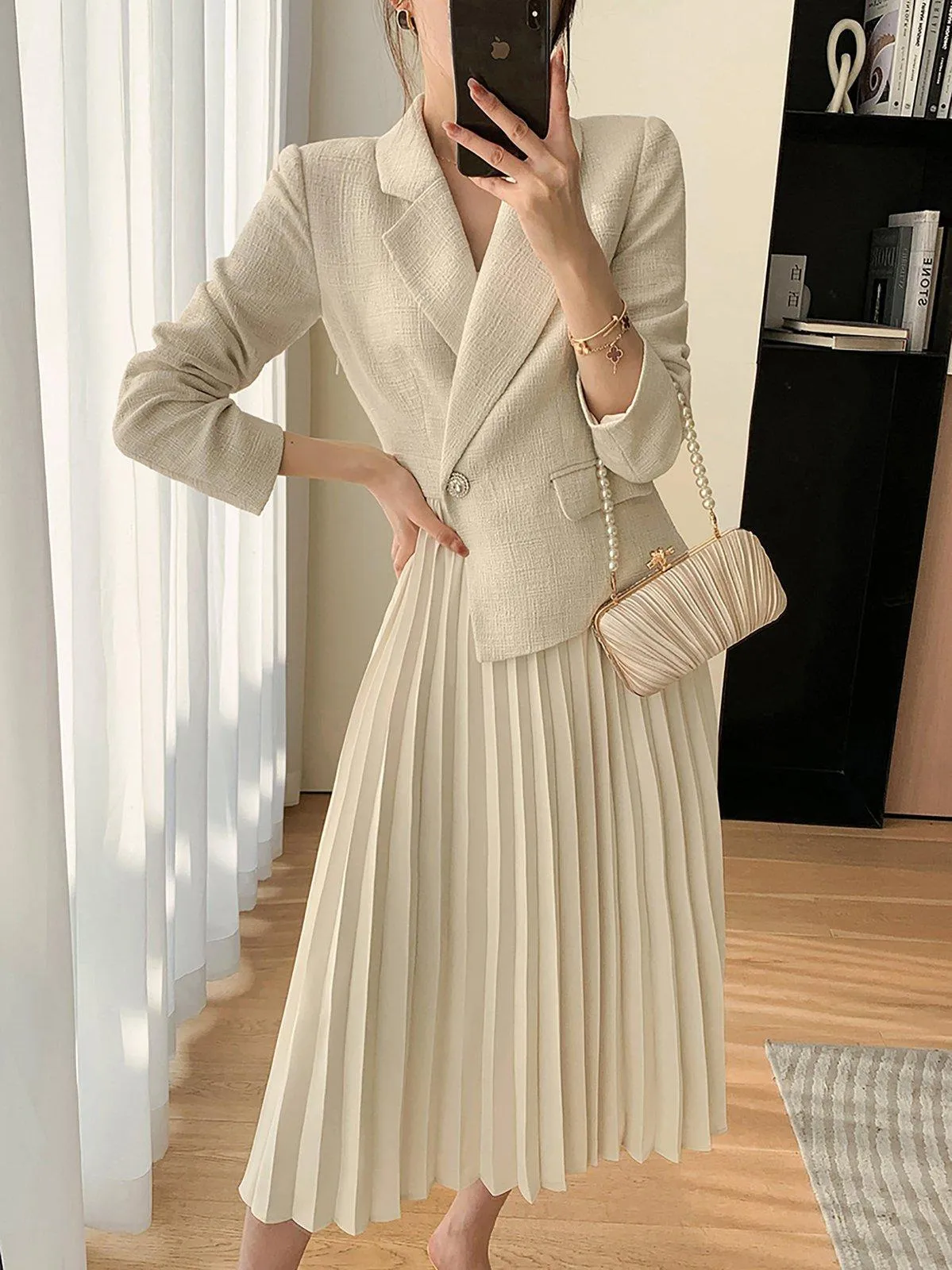 Beige Long Sleeve One Button Blazer Pleated Dress