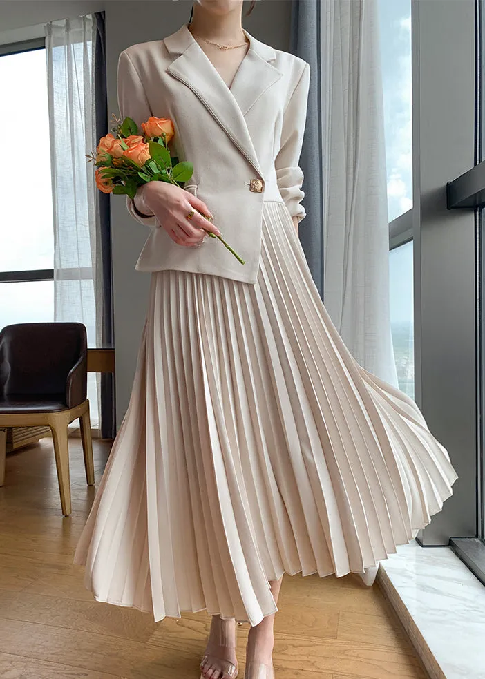 Beige Long Sleeve One Button Blazer Pleated Dress