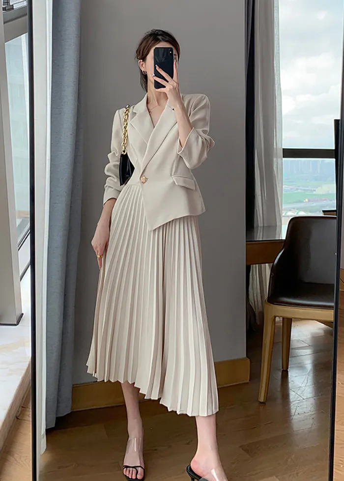 Beige Long Sleeve One Button Blazer Pleated Dress