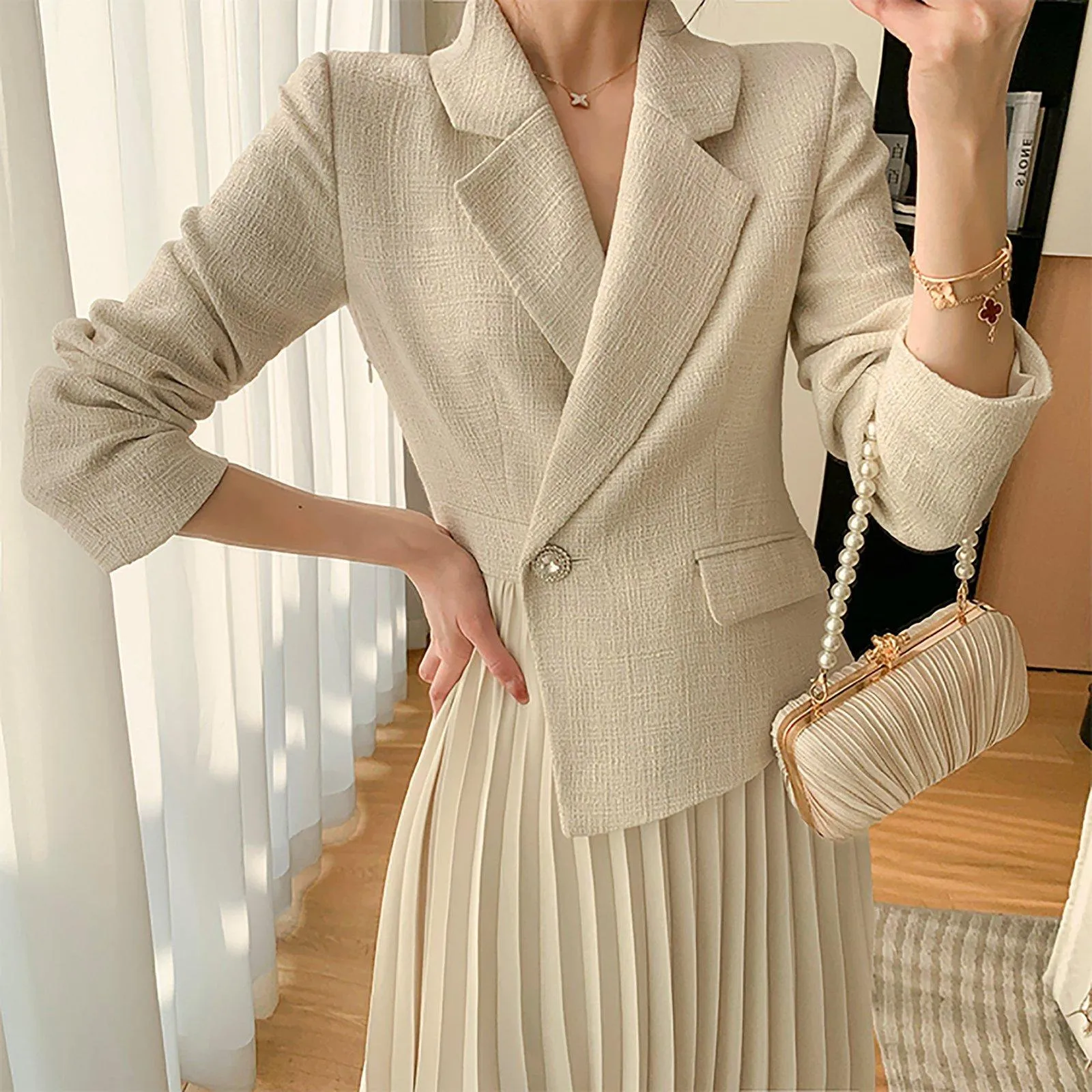 Beige Long Sleeve One Button Blazer Pleated Dress