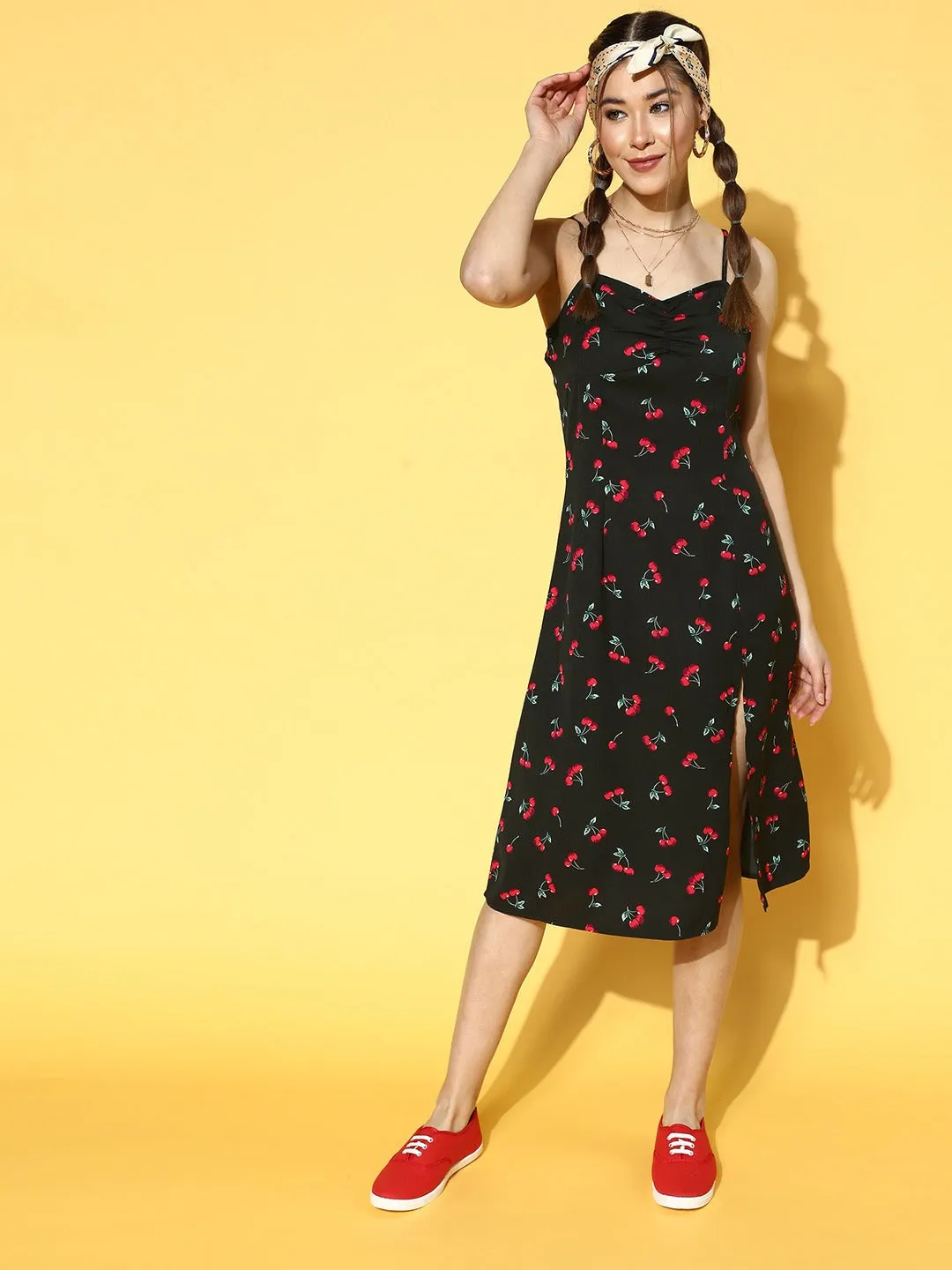 Berrylush Women Black & Red Cherry Printed Sweetheart Neck Straight Hem Slited A-Line Midi Dress