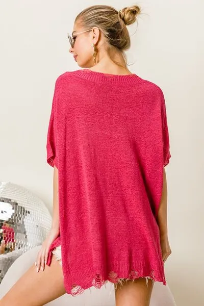 BiBi Distressed Hem V-Neck Slit Sweater