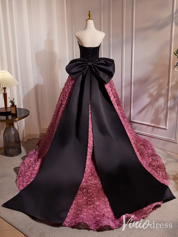 Black and Pink Rosette Bow Tie Prom Dresses Strapless Formal Gown BJ031