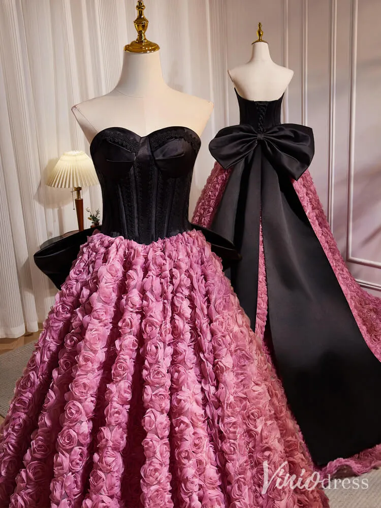 Black and Pink Rosette Bow Tie Prom Dresses Strapless Formal Gown BJ031