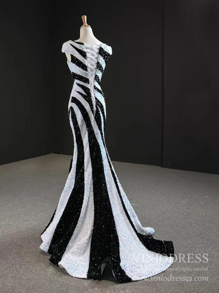 Black and White Mermaid Sequin Pageant Dresses Formal Gowns FD2400 viniodress