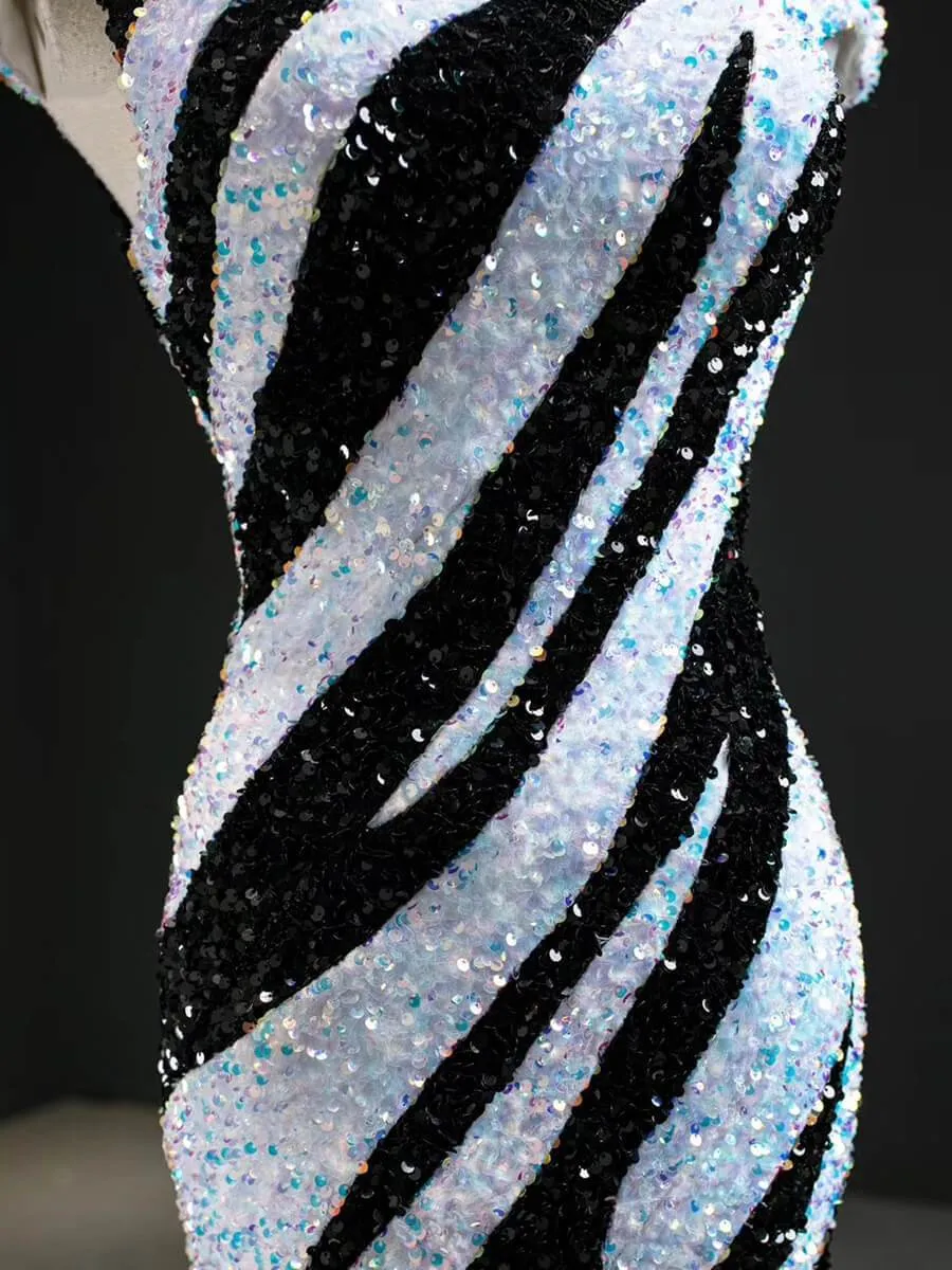 Black and White Mermaid Sequin Pageant Dresses Formal Gowns FD2400 viniodress