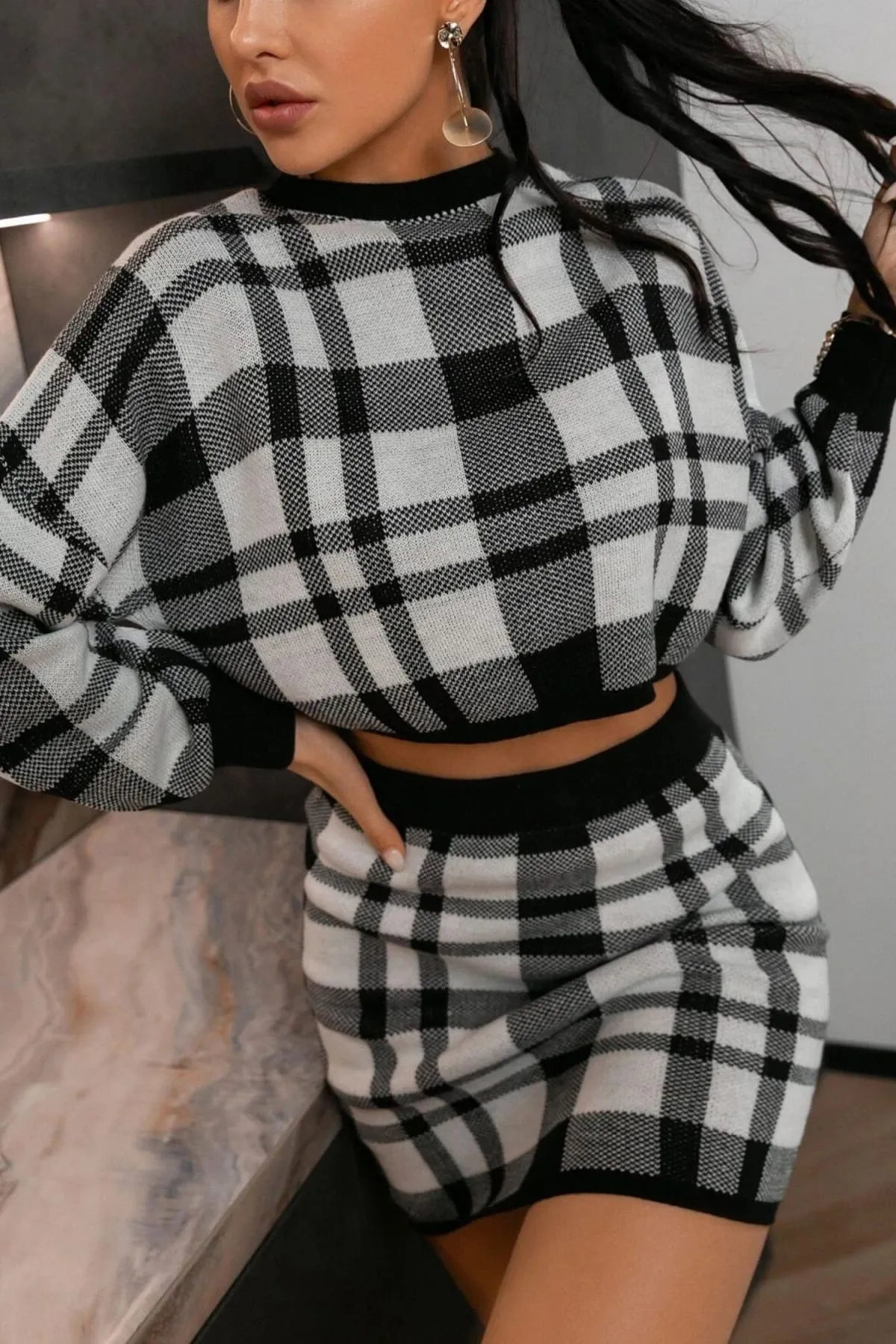 Black And White Plaid Two Piece Sweater Dress