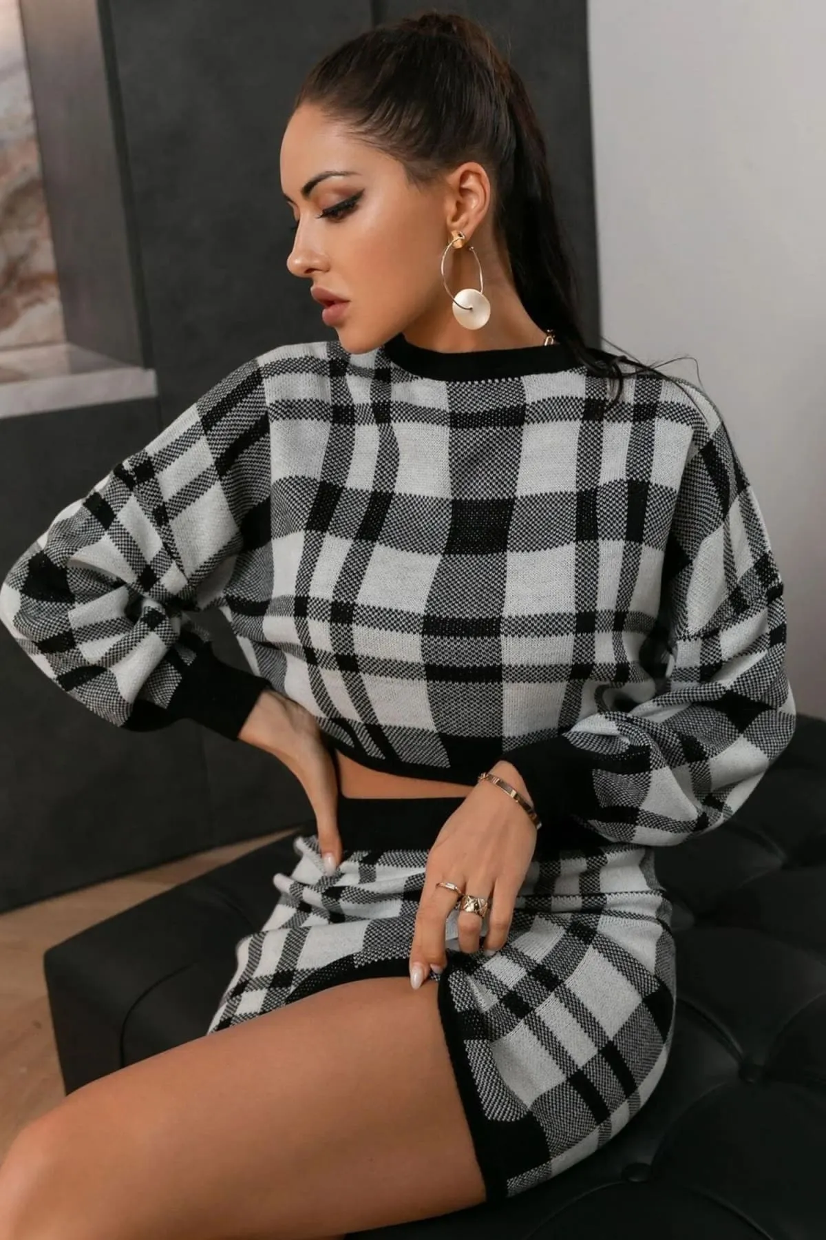 Black And White Plaid Two Piece Sweater Dress