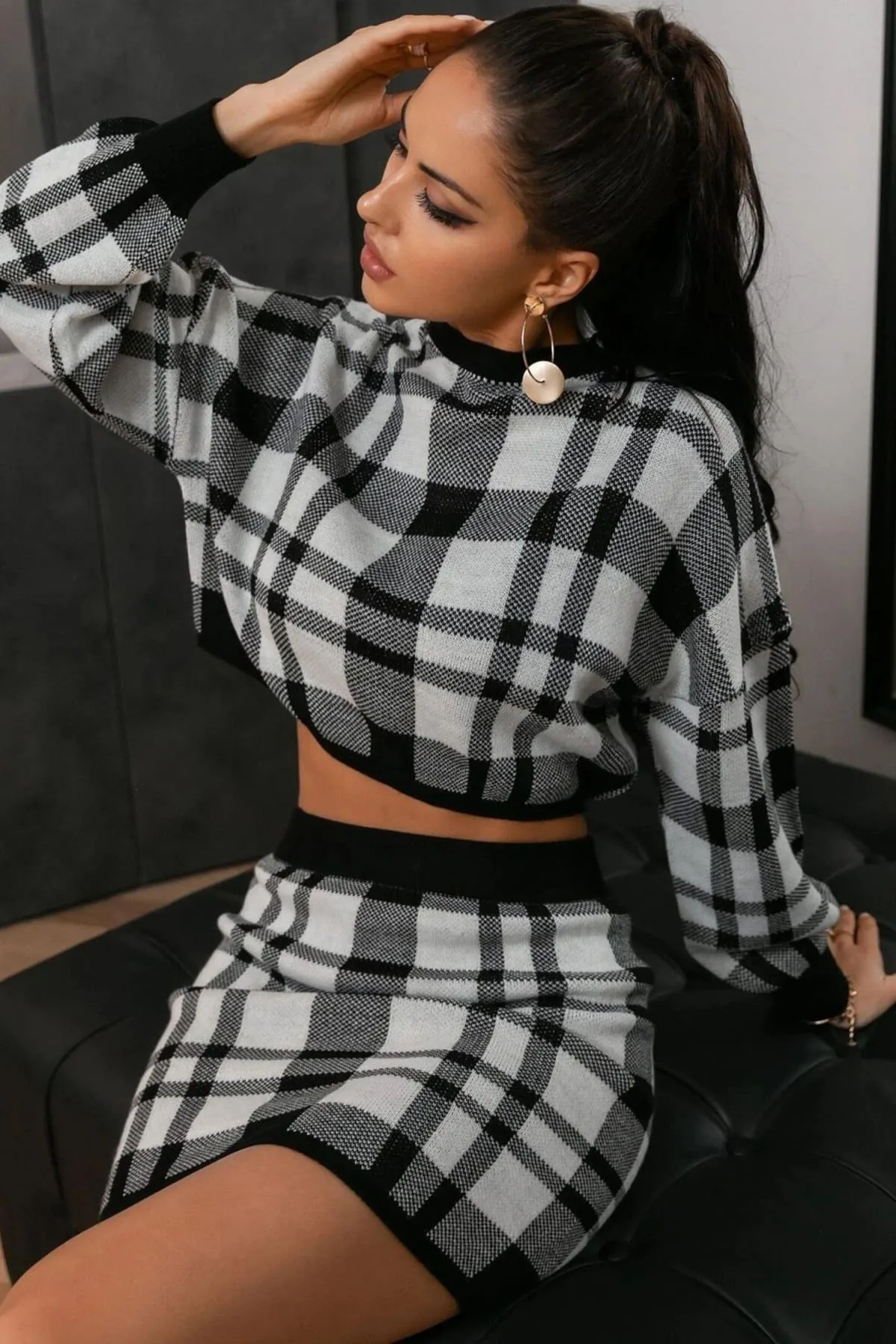 Black And White Plaid Two Piece Sweater Dress