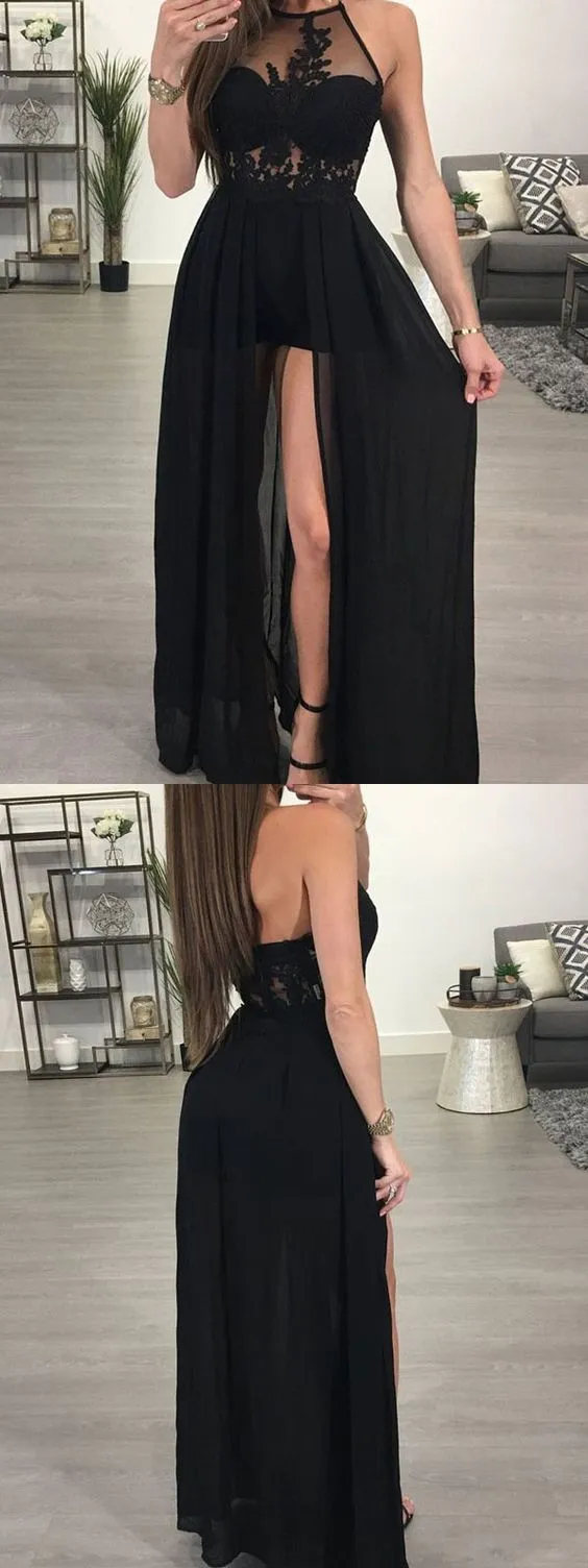 Black Halter Side Split Sexy Cheap Formal Long Prom Dresses, WG793