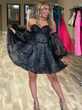 Black Off shoulder A-line Short Mini Homecoming Dress,  HDS0159