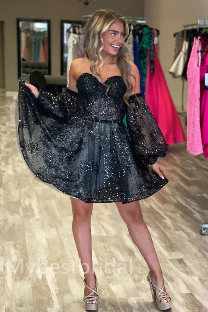 Black Off shoulder A-line Short Mini Homecoming Dress,  HDS0159