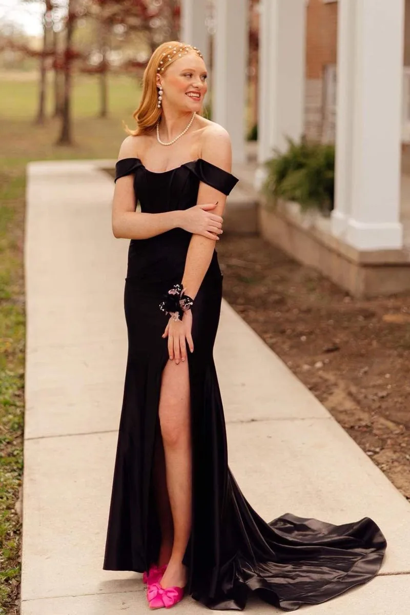 Black Off the Shoulder Satin Mermaid Long Prom Dresses,BD93399