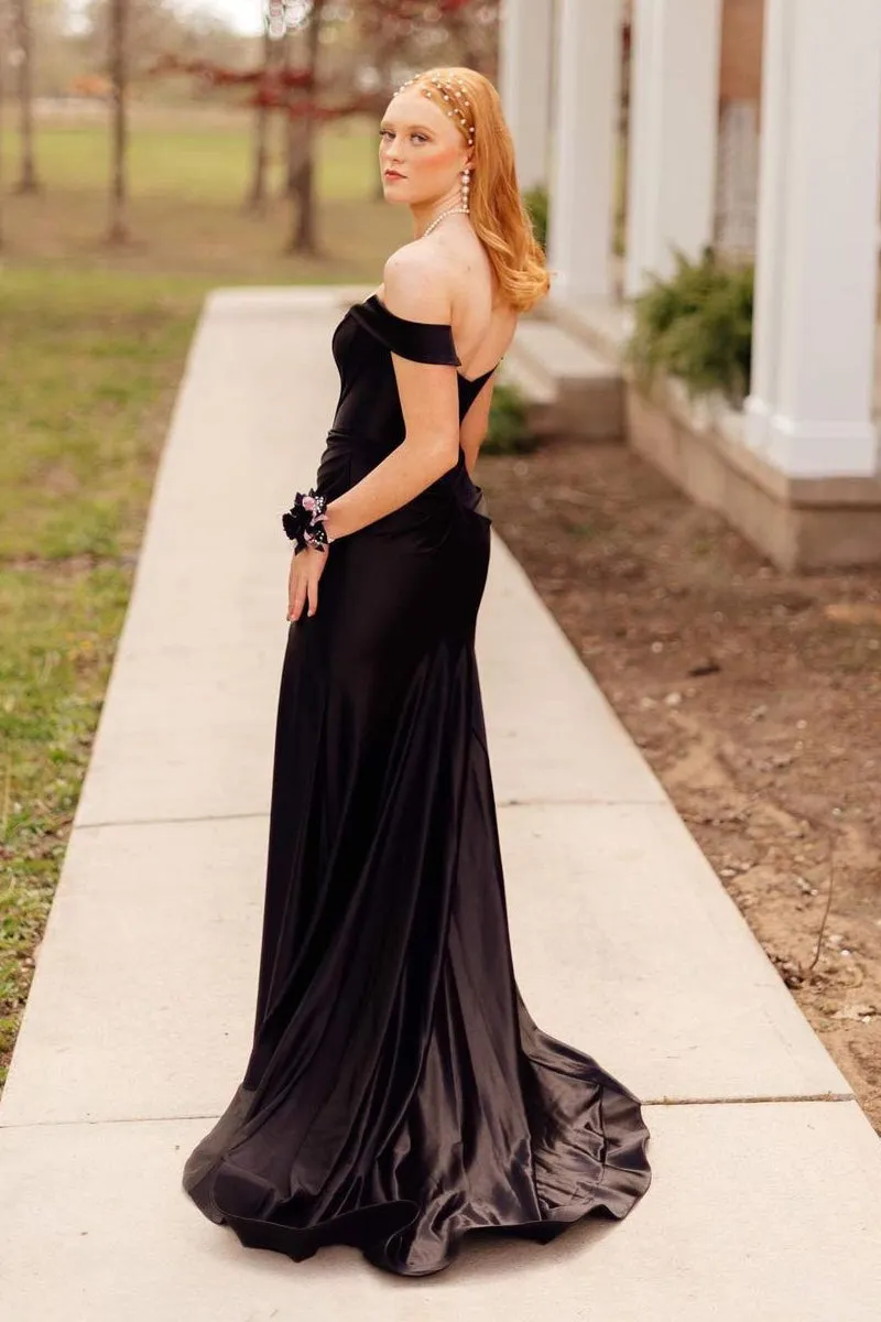 Black Off the Shoulder Satin Mermaid Long Prom Dresses,BD93399