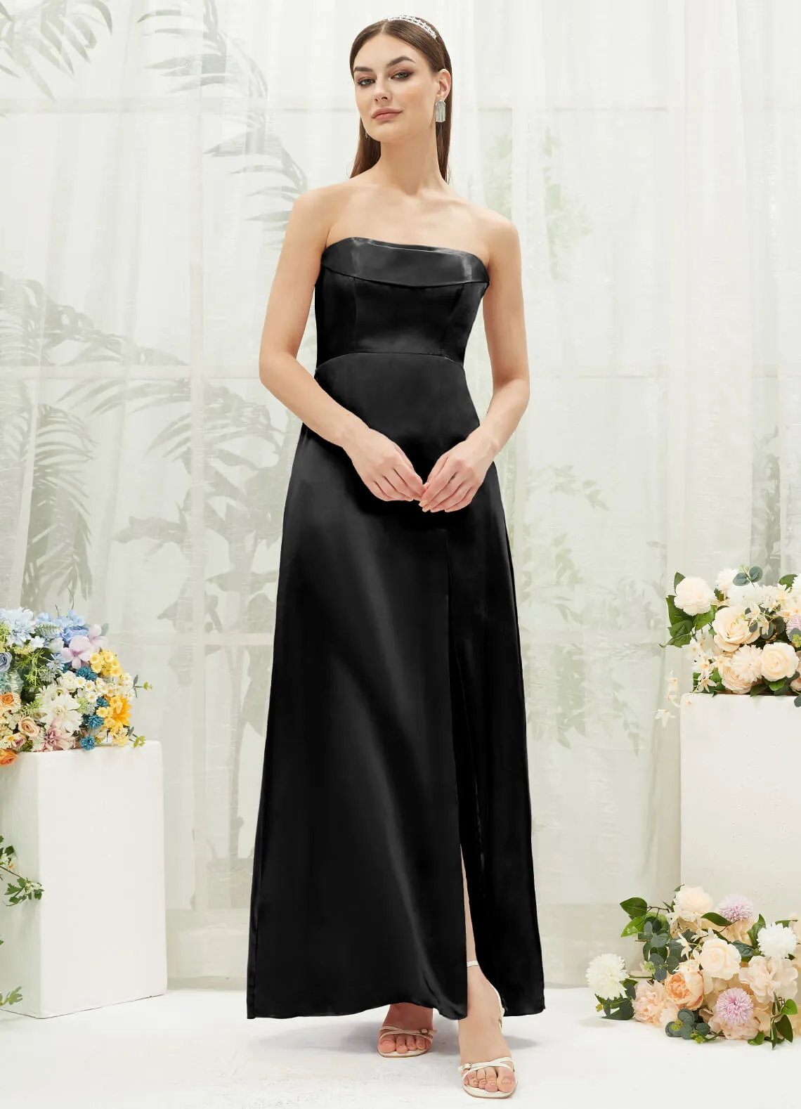 Black Satin Convertible Slit Floor Length  Bridesmaid Dresses