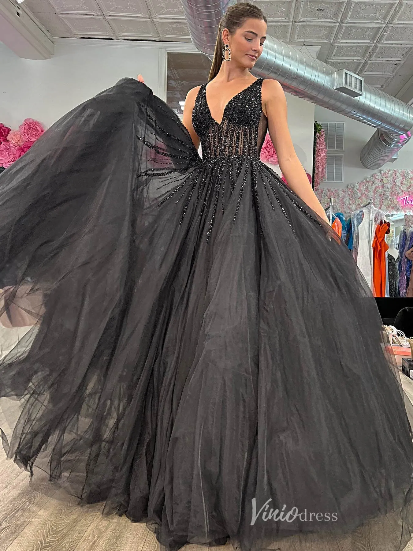 Black Sheer Beaded Boned Bodice Prom Dresses Tulle V-Neck Formal Gown FD4070