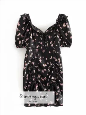 Black Short Sleeve Floral Print Drawstring Backless Sweetheart Neckline Mini Dress