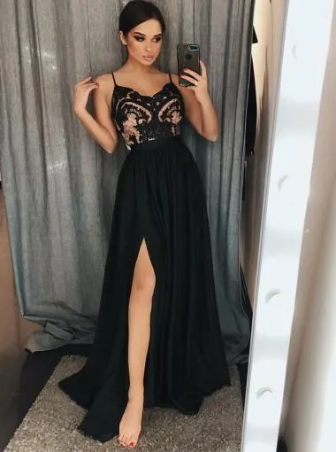 Black Side Slit Spaghetti Straps Lace Evening Prom Dresses, Cheap Sweet 16 Dresses, 18312