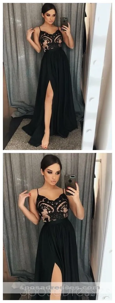 Black Side Slit Spaghetti Straps Lace Evening Prom Dresses, Cheap Sweet 16 Dresses, 18312