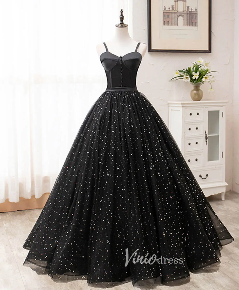 Black Spaghetti Strap Prom Dresses Starry Tulle Evening Dress FD3166