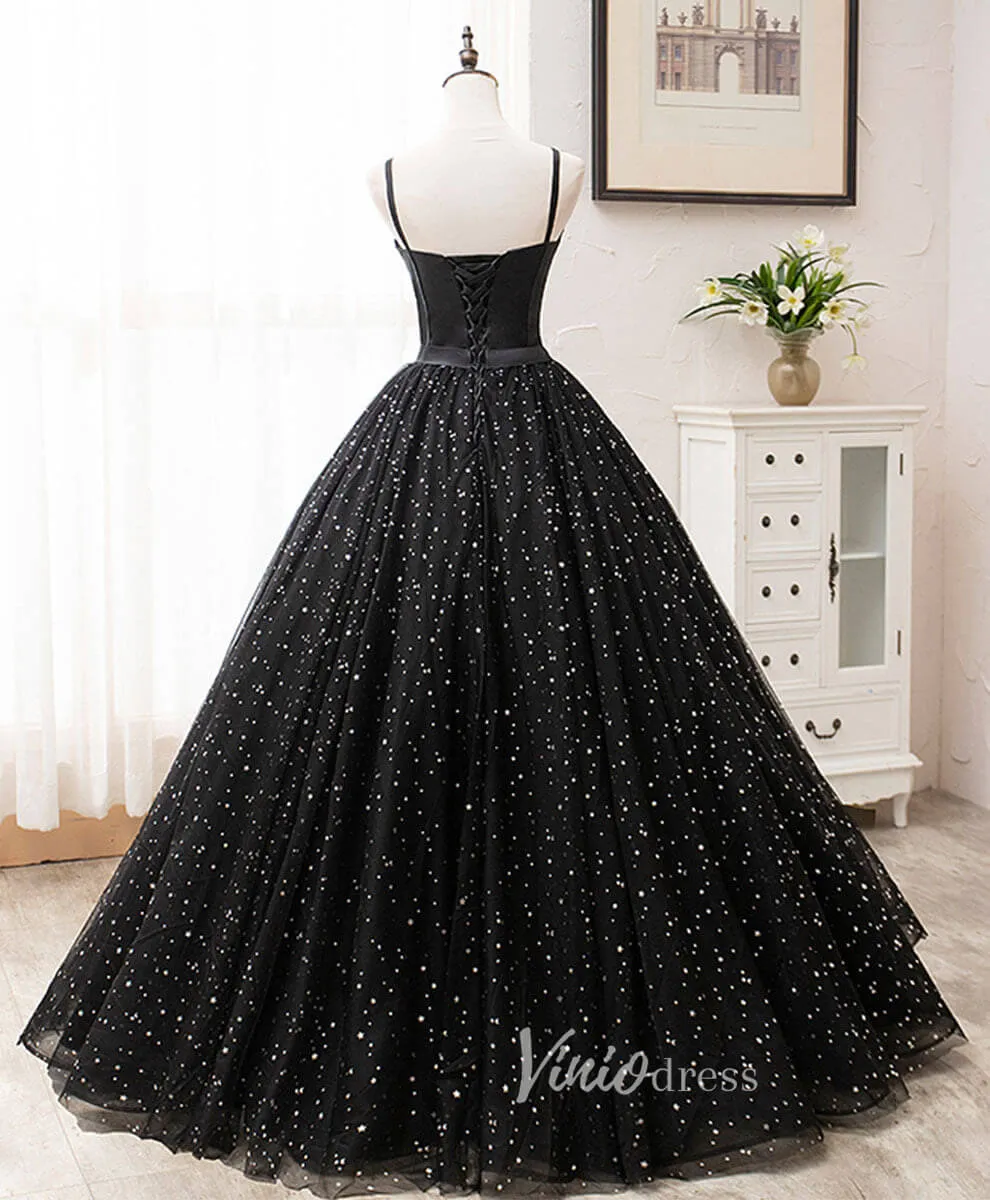 Black Spaghetti Strap Prom Dresses Starry Tulle Evening Dress FD3166