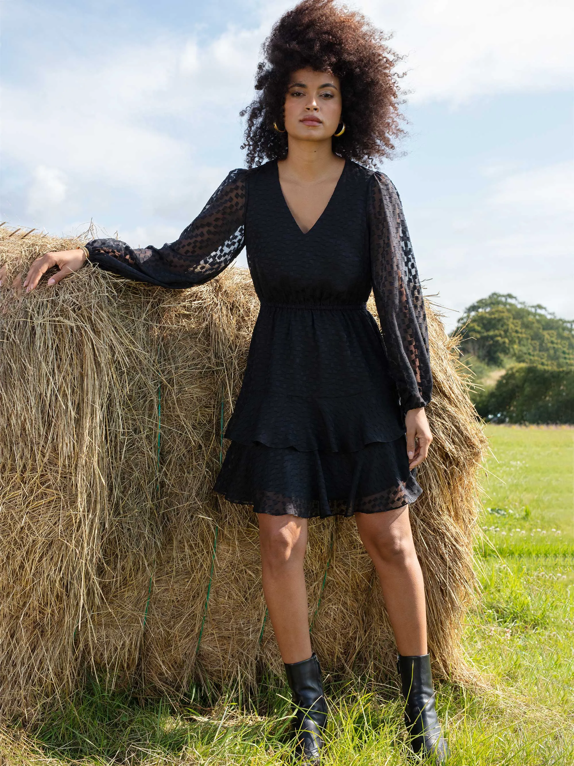 Black Textured Jacquard Tiered Short Dress