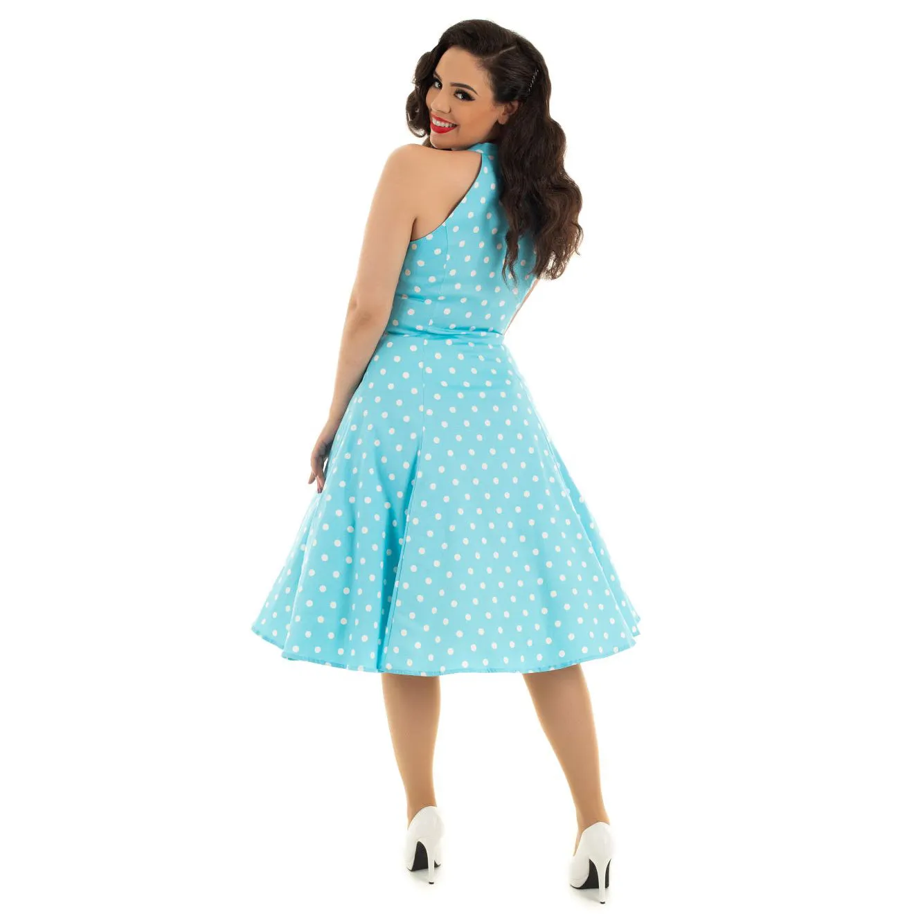 Blue and White Polka Dot Halter Neck 50s Swing Dress