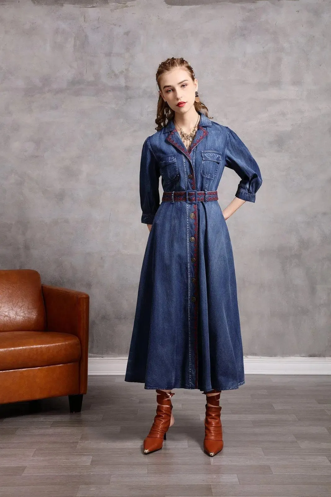 Blue Denim Embroidered Belted Half Sleeve Midi Dress