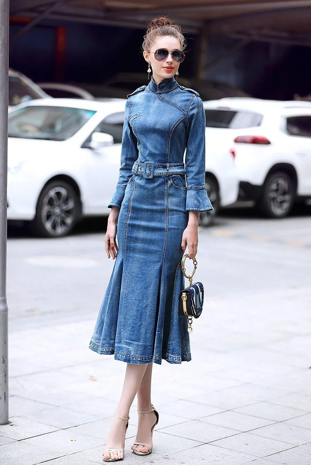 Blue Denim Stretch Slim Fit Midi Trumpet Dress