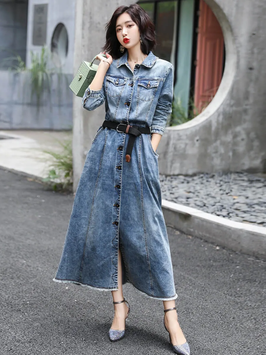 Blue Denim Stretch Slim Fit Midi Trumpet Dress