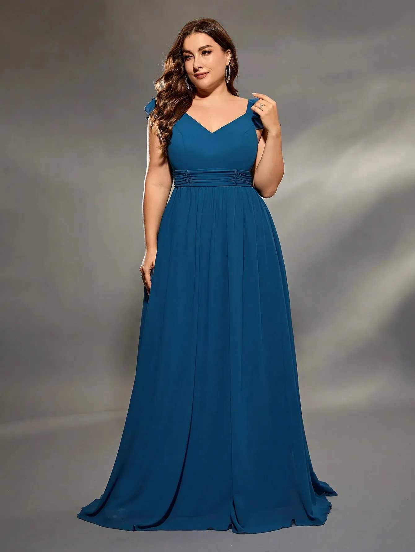 Blue Plus Size Cap Sleeve Chiffon Bridesmaid Party Dress