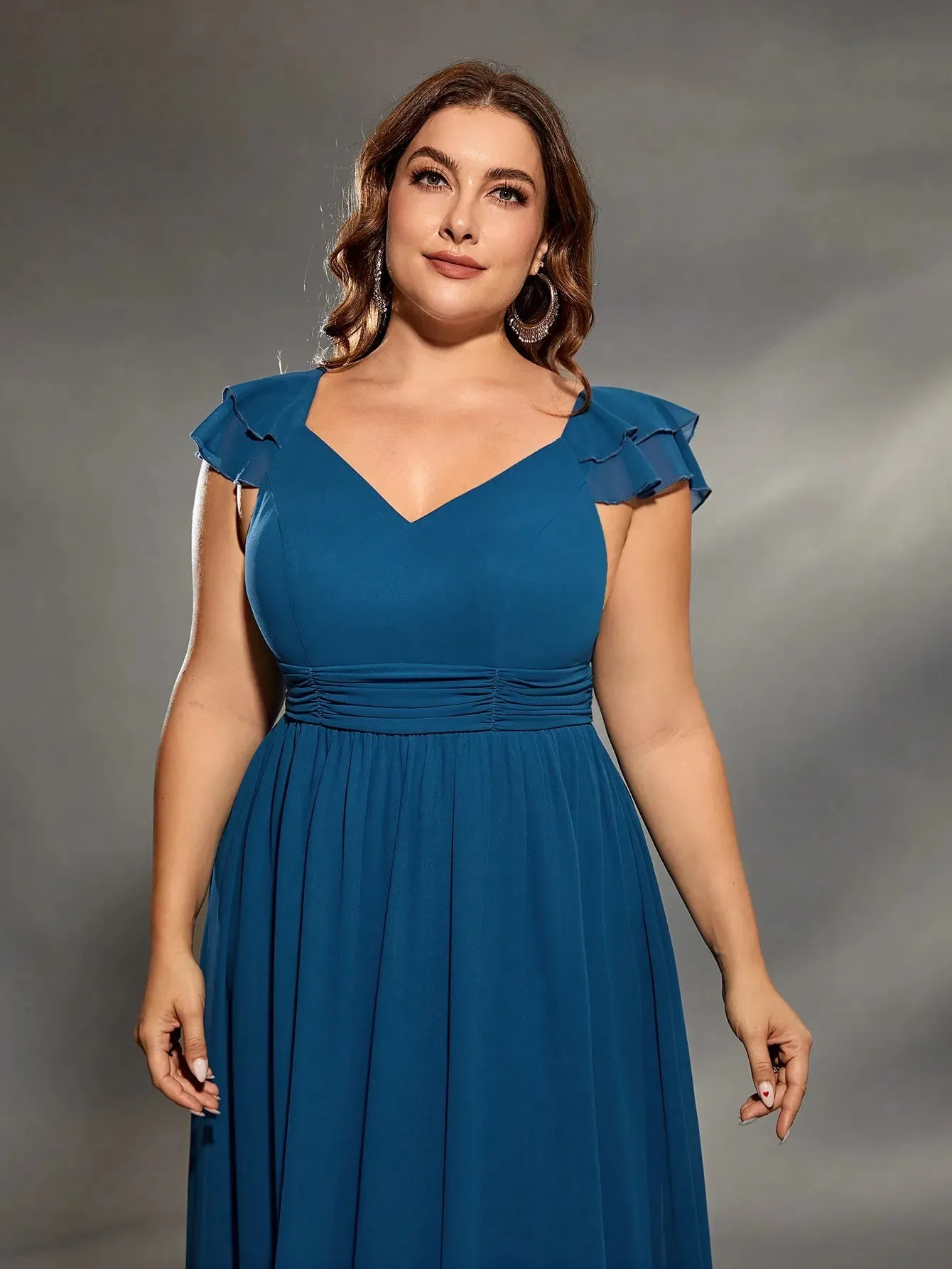 Blue Plus Size Cap Sleeve Chiffon Bridesmaid Party Dress