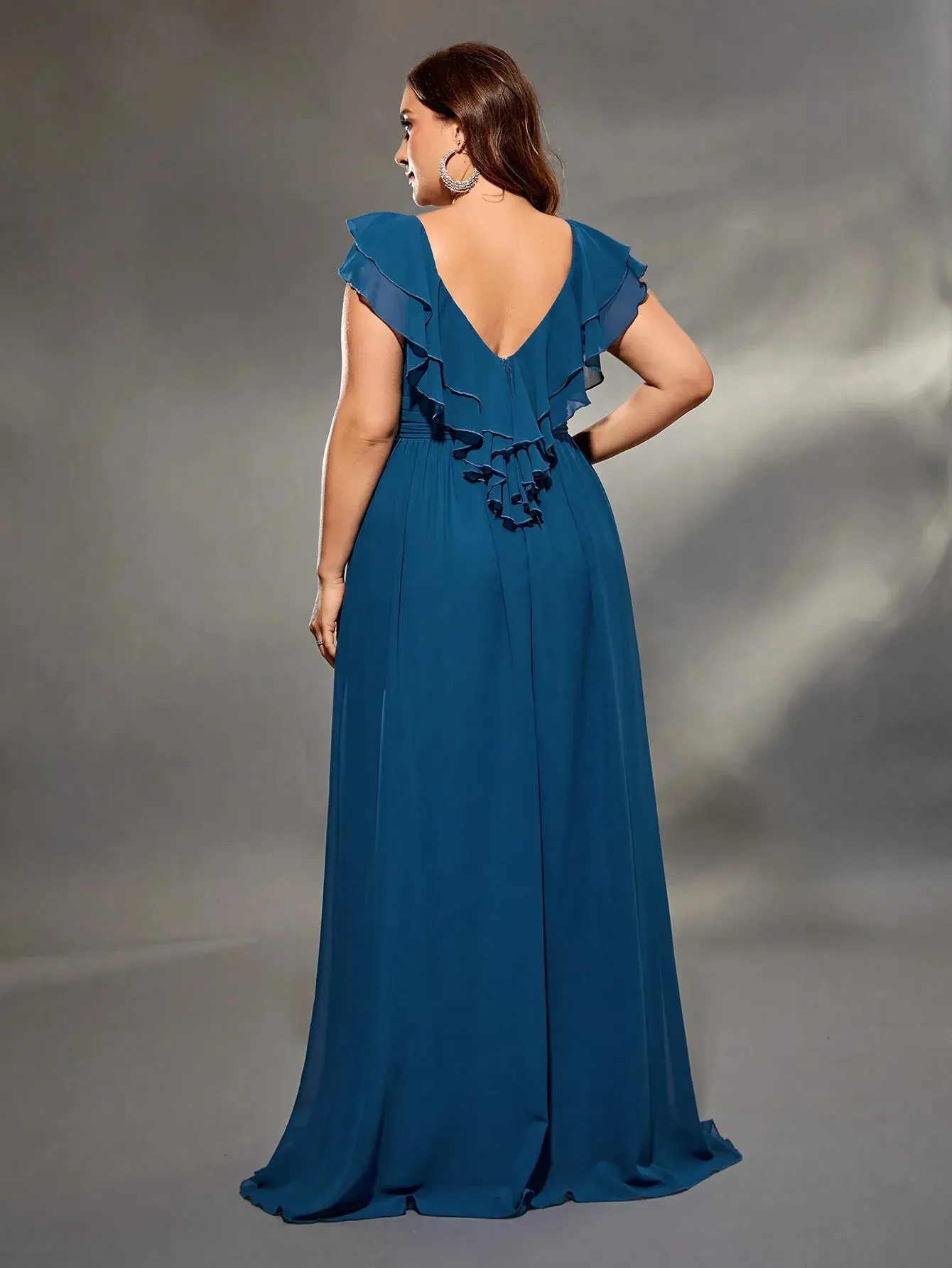 Blue Plus Size Cap Sleeve Chiffon Bridesmaid Party Dress