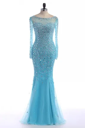 blue prom dress,long Prom Dress,beaded prom dress,long sleeves prom dress,beaded evening dress,BD2894