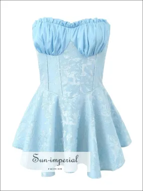 Blue Satin Strapless Jacquard A-line Corset Style Mini Dress With Contrast Color Detail