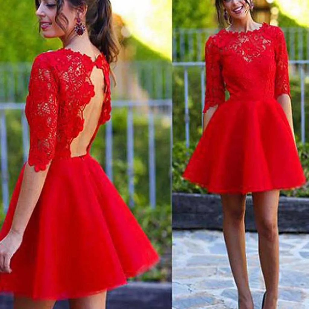 Blush red half sleeve see through lace open back charming homecoming prom gown dress, BDY0120