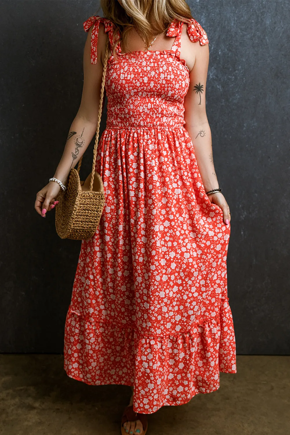 Boho Floral Straps Smocked Long Dress