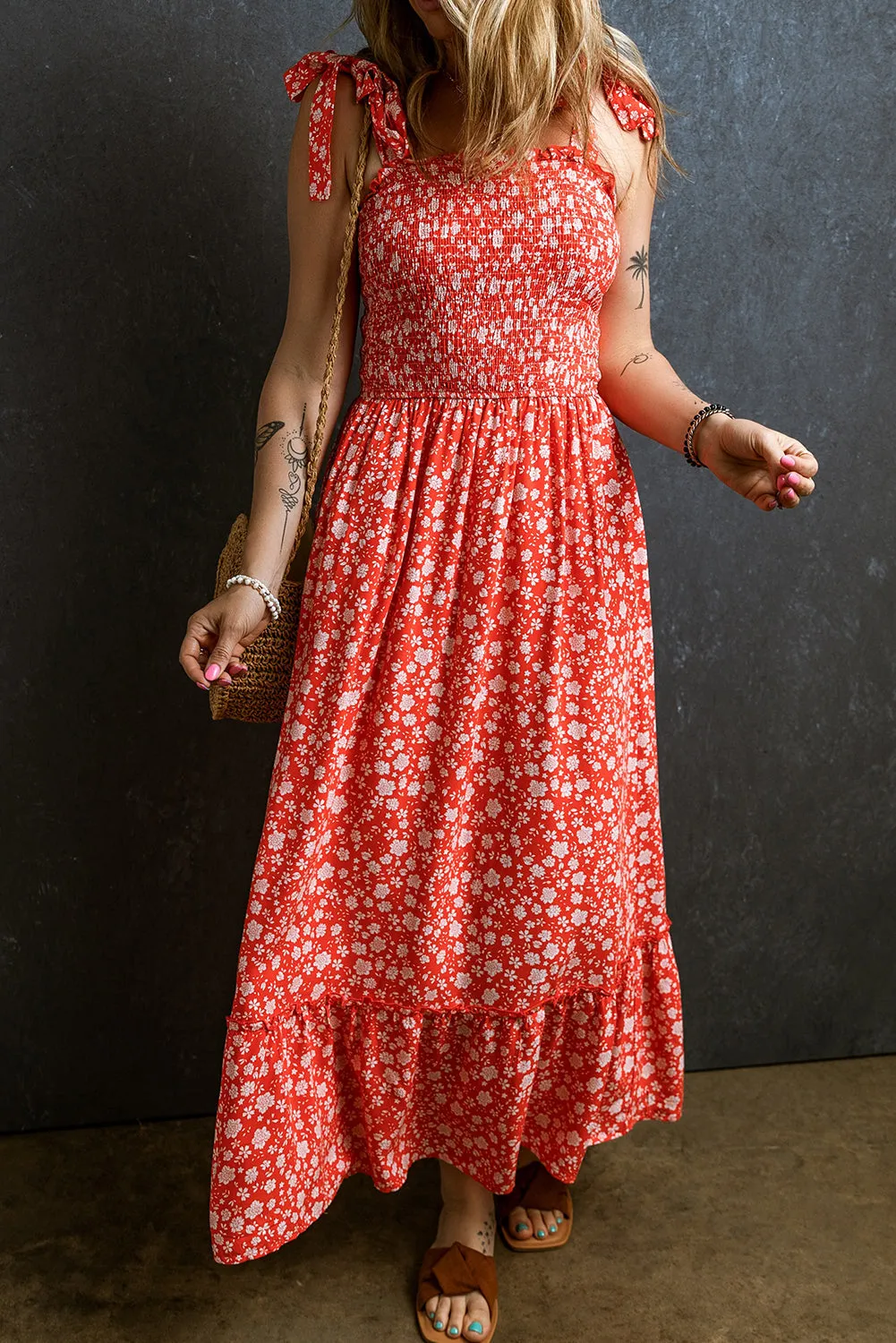 Boho Floral Straps Smocked Long Dress