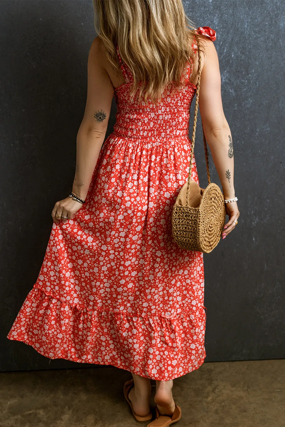 Boho Floral Straps Smocked Long Dress