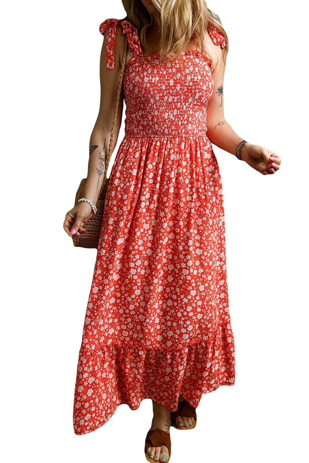 Boho Floral Straps Smocked Long Dress