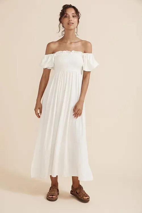 Boho Midi Dress White Puff Sleeves Smocked Bust Square Neck Breezy Cotton Casual Beach Cover Up Side Slits Available In Small Medium Or Large