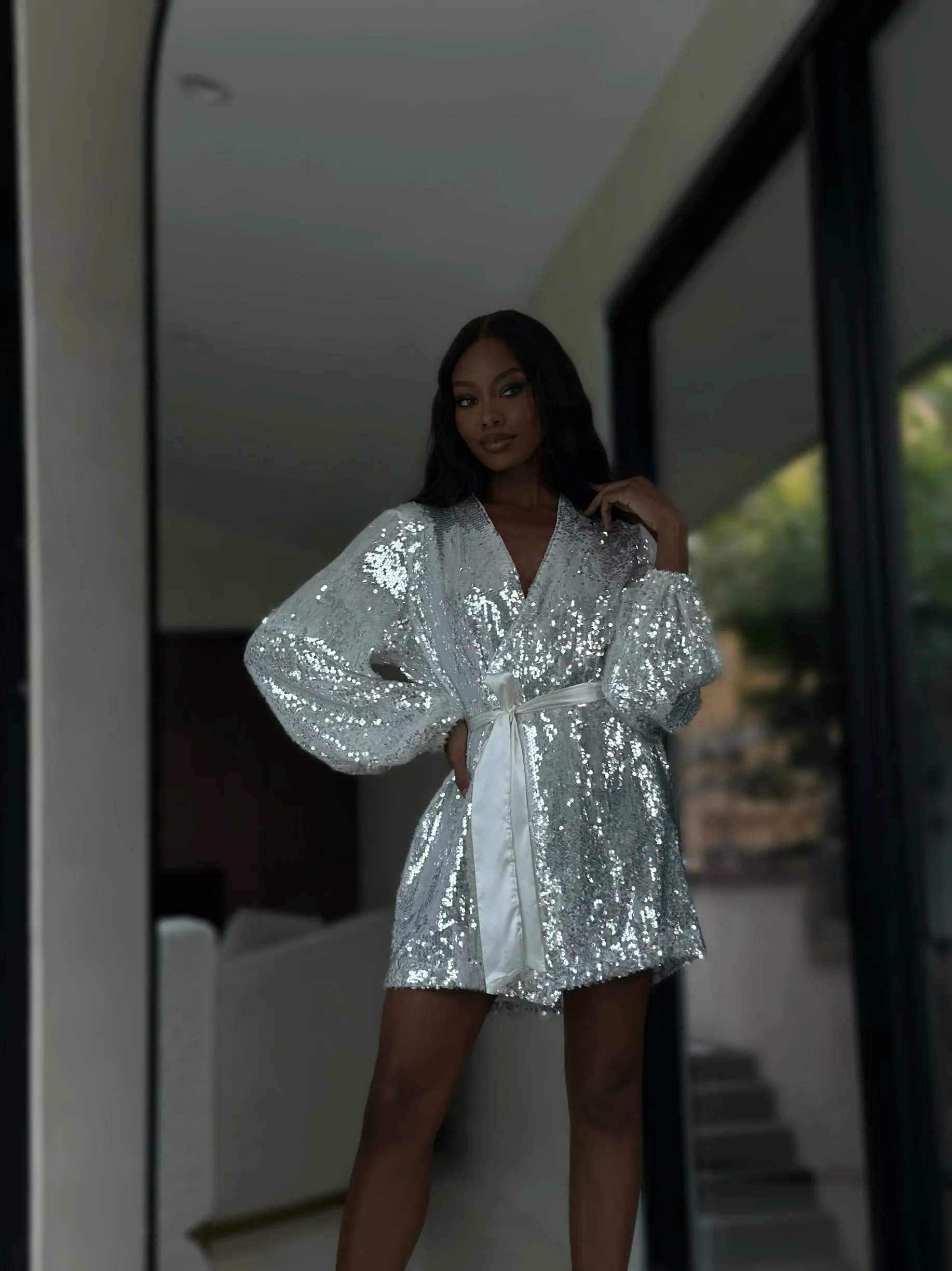 ‘BREA’ sequin wrap dress in white