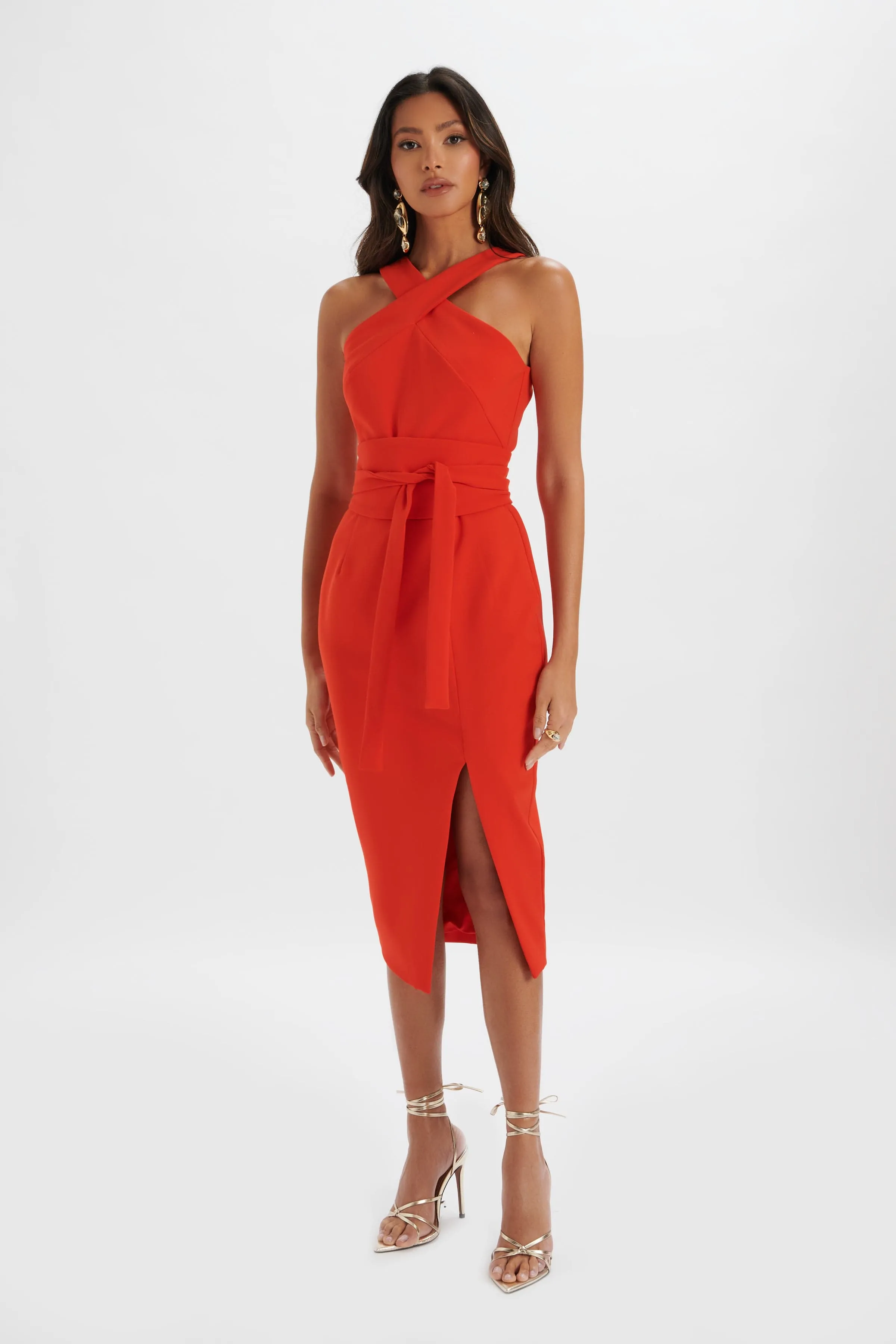 BRIELLE Obi Belted Halterneck Midi Dress in Red