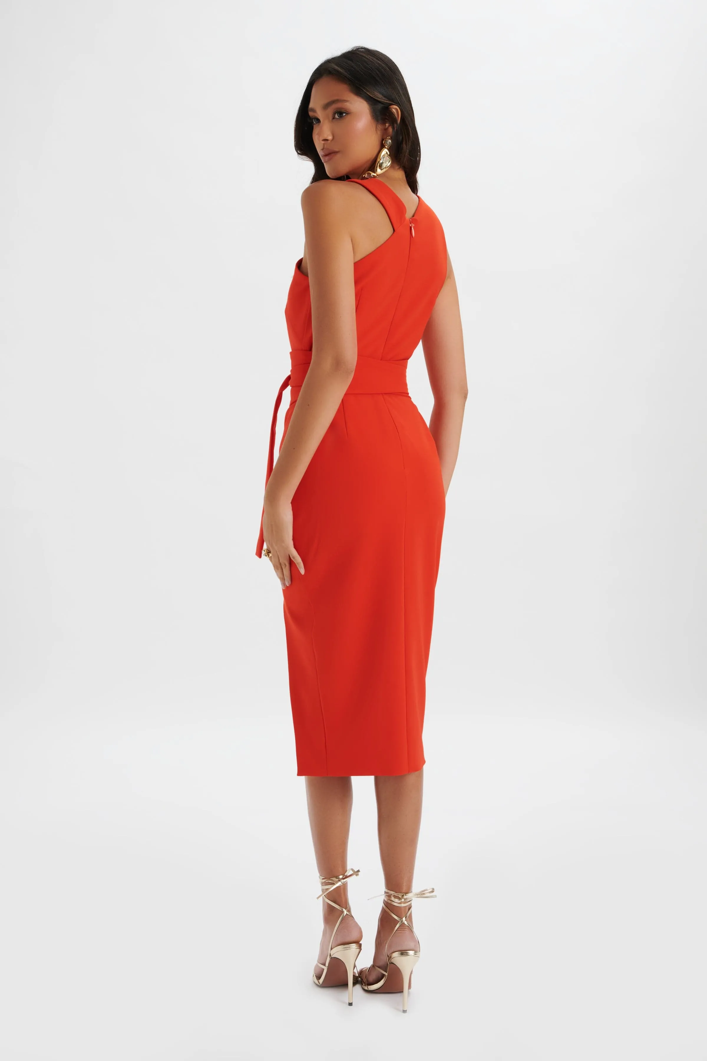 BRIELLE Obi Belted Halterneck Midi Dress in Red