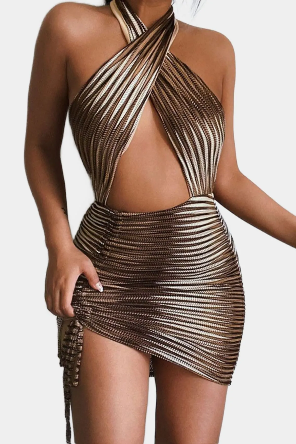 Brown Cut Out Ruched Halter Short Dress