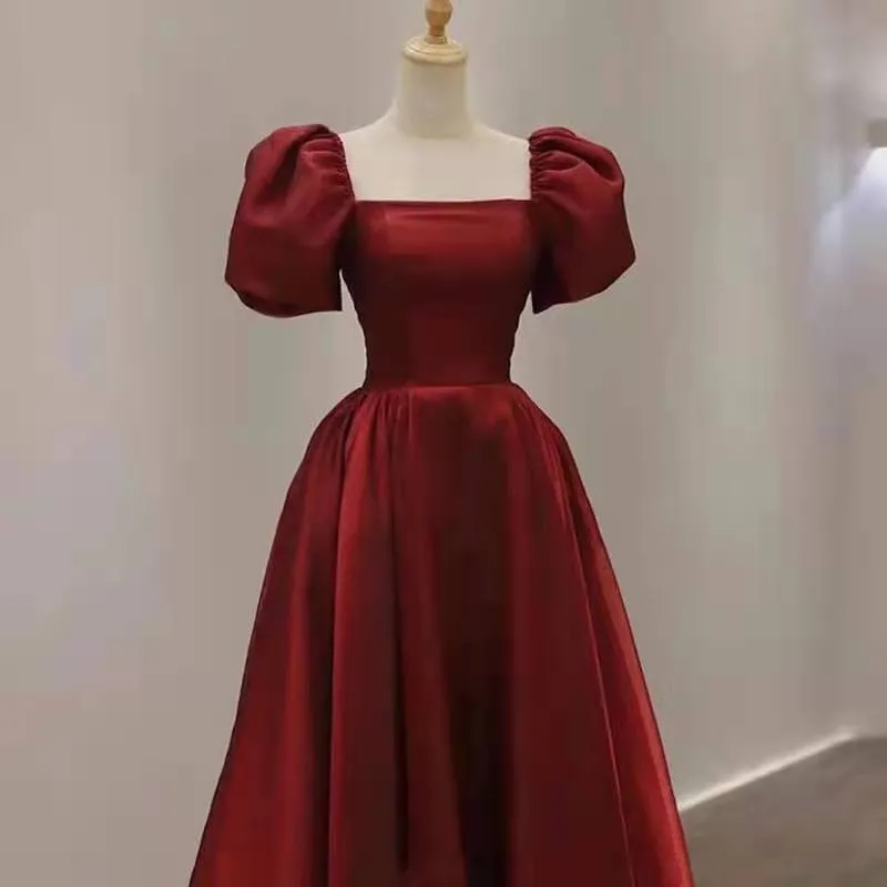 Burgundy Bubble Sleeves Long Prom Dresses, A-line Evening Dresses, School Party Dresses, BG102