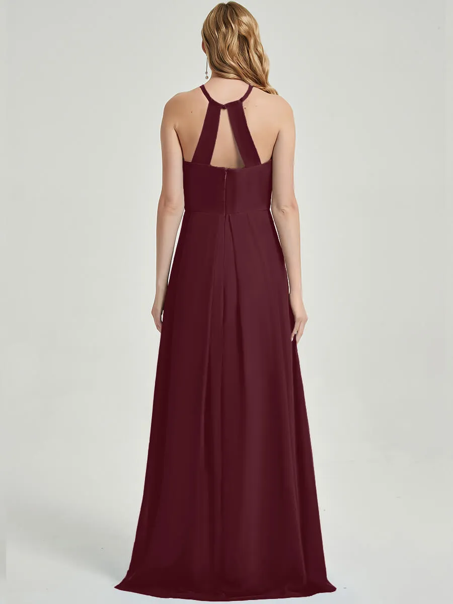 Burgundy Halter Neck Empire Pleated Open Back Chiffon Bridesmaid Dress