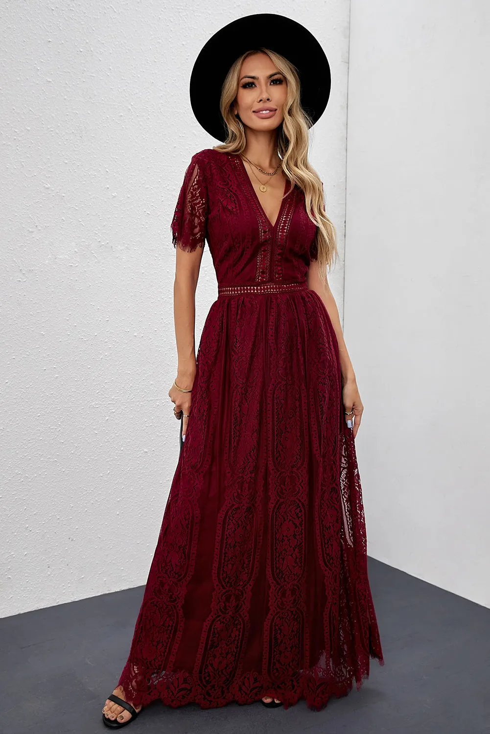 Burgundy Lace Maxi Party Dress