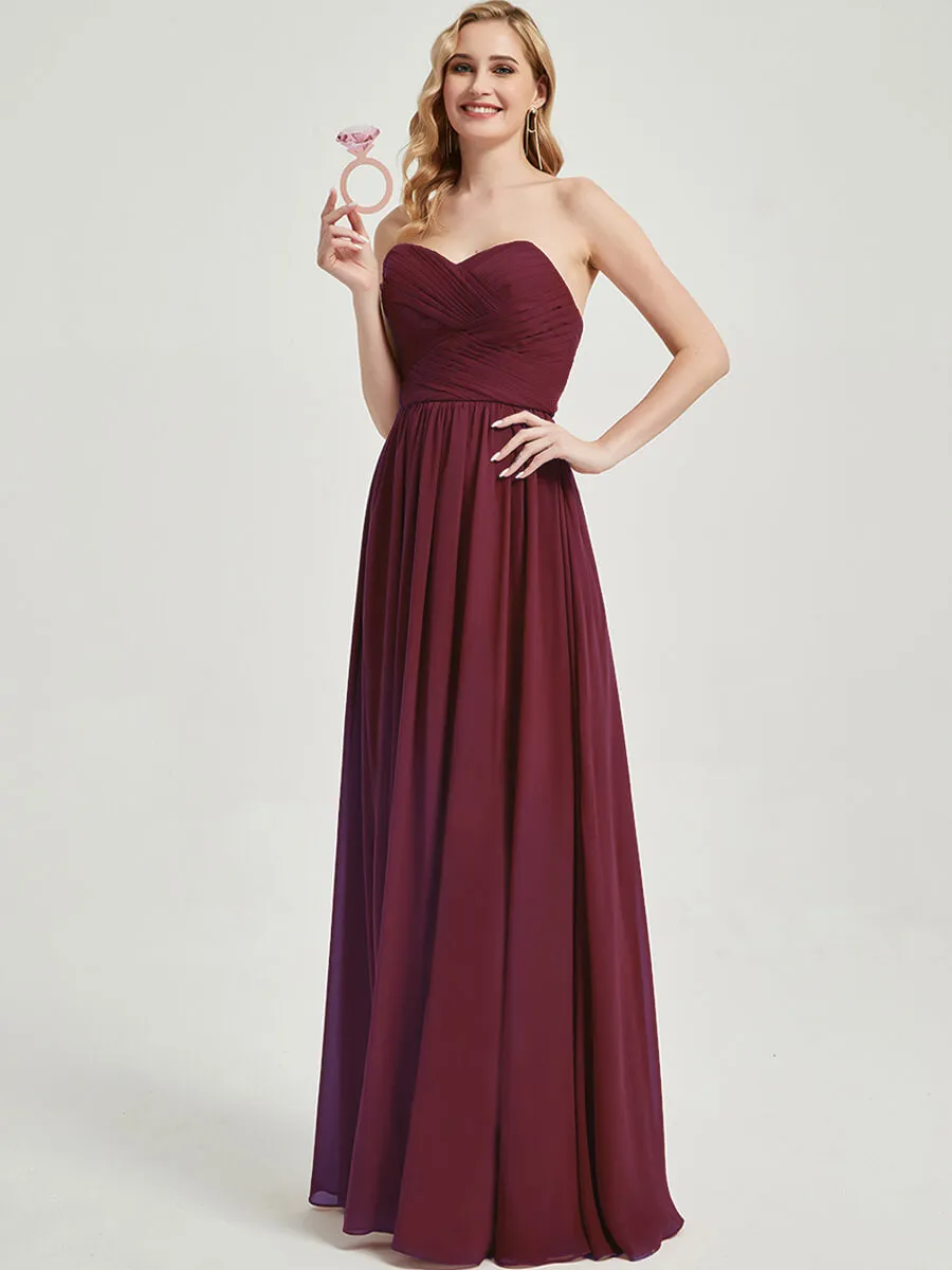 Burgundy Pleated Convertible Floor Length Chiffon Bridesmaid Dress