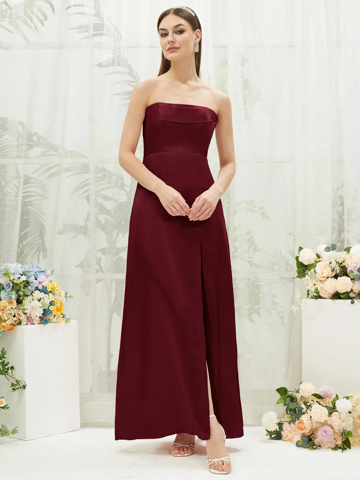 Burgundy Satin Convertible Slit Floor Length  Bridesmaid Dresses